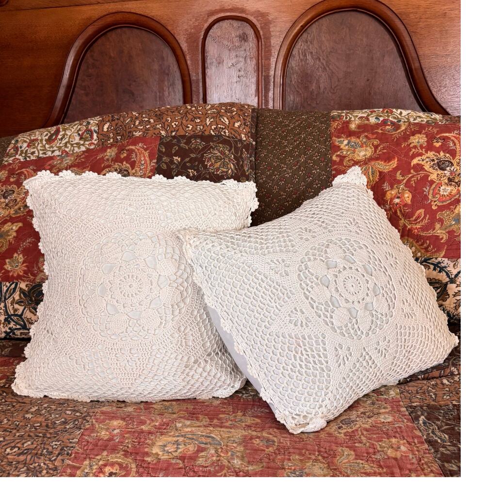 Pair of Vintage Crocheted Cottagecore Doily Pillows 11X11 inches
